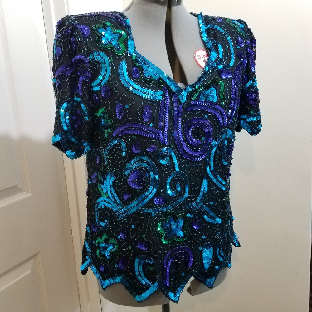 Vintage Lawrence Kazar funky green & blue beaded sequins party blouse L